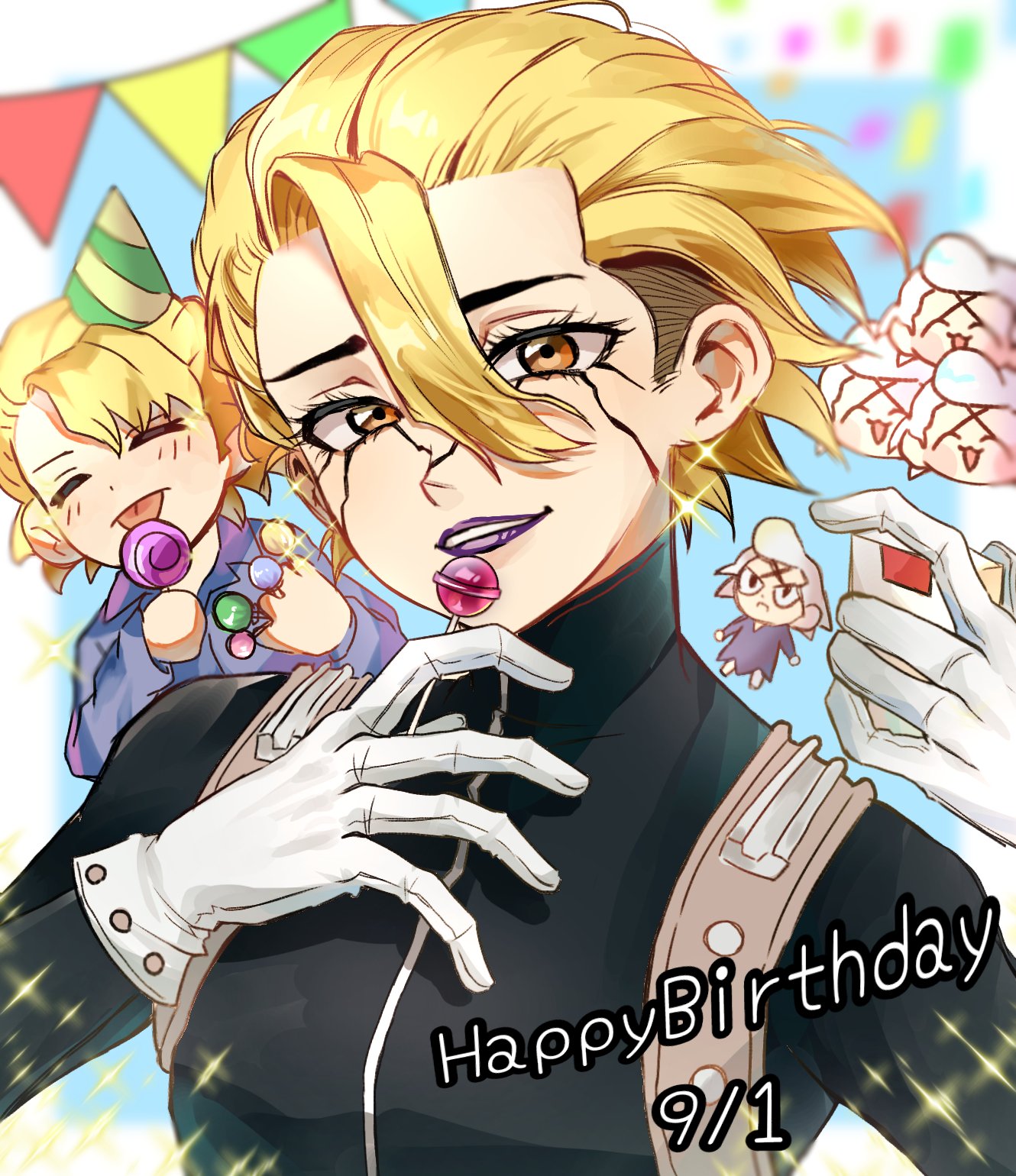 1boy, black_bodysuit, blonde_hair, bodysuit, candy, character_doll, dated, doll