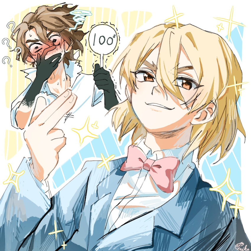 2boys, ?, ??, black_gloves, blonde_hair, blue_jacket, blue_suit, blush