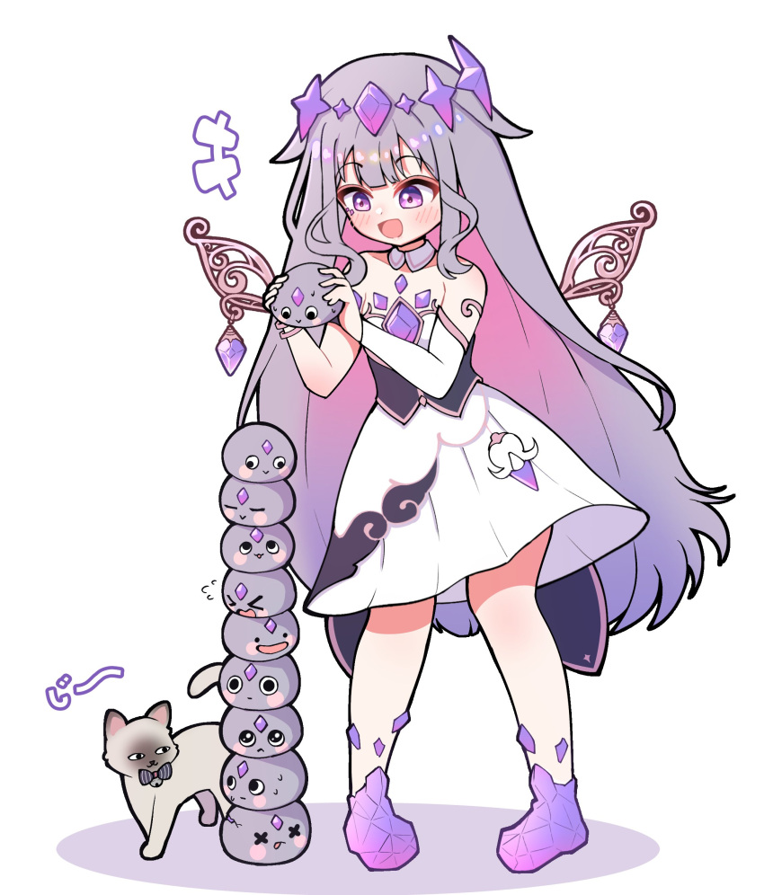 >_<, 1girl, :d, absurdres, ankle_boots, armlet, bare_shoulders, black_corset, blush_stickers, boots, center-flap_bangs, chest_jewel, circlet, colored_inner_hair, corset, detached_collar, detached_sleeves, detached_wings, double-parted_bangs, dress, english_commentary, eyebrows_hidden_by_hair, forehead_jewel, gem, gradient_hair, grey_hair, hair_flaps, hand_jewel, headpiece, highres, hololive, hololive_english, jewel_under_eye, jewelry, john_cat_(koseki_bijou), koseki_bijou, koseki_bijou_(1st_costume), long_hair, medium_dress, multicolored_hair, pebble_(koseki_bijou), pink_hair, pleated_dress, purple_boots, purple_gemstone, purple_hair, shutowl, sidelocks, simple_background, single_detached_sleeve, smile, solo, stack, stacking, strapless, strapless_dress, underbust, very_long_hair, violet_eyes, waist_cape, white_background, white_dress, white_sleeves, wings, x_x