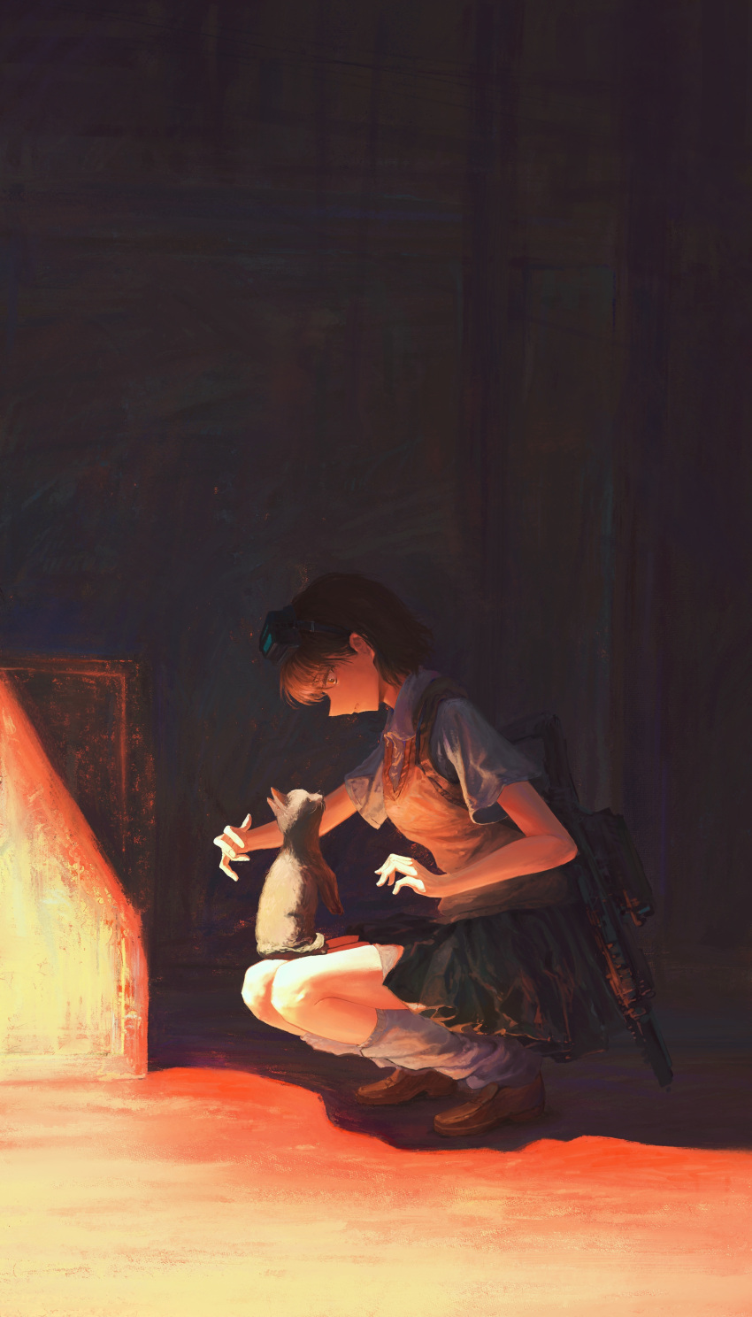 1girl, absurdres, assault_rifle, black_hair, black_skirt, bob_cut, brown_shoes, brown_vest