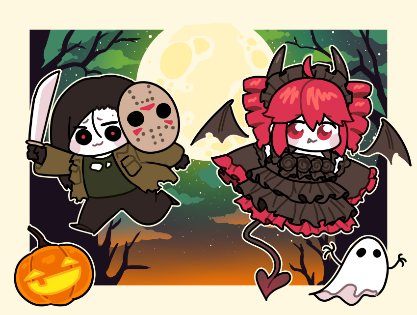 2girls, absurdres, black_dress, brown_hair, brown_jacket, brown_pants, chibi, chibi_only