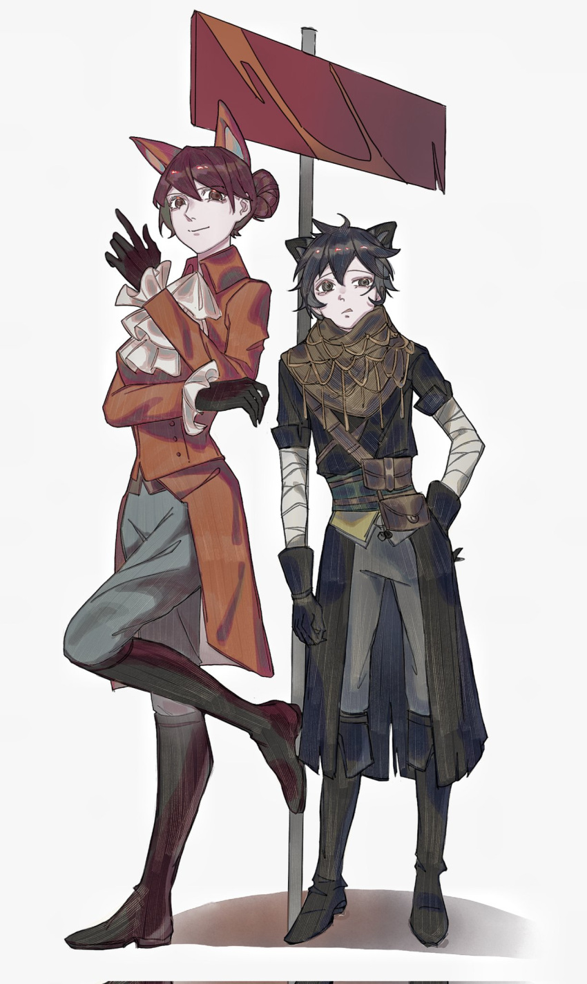1boy, 1girl, animal_ears, ascot, black_boots, black_cat_(lies_of_p), black_eyes, black_gloves, blue_pants, boots, brown_eyes, cat_boy, cat_ears, closed_mouth, coat, commentary, fox_ears, fox_girl, gloves, grey_pants, hair_bun, highres, kemonomimi_mode, lies_of_p, liudongxx, looking_at_viewer, orange_coat, pants, red_fox_(lies_of_p), red_hair, simple_background, single_hair_bun, smile, standing, white_ascot, white_background