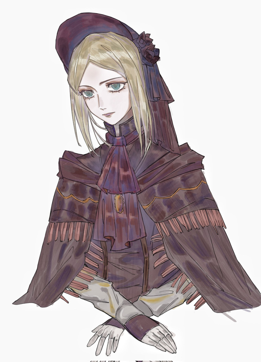 1girl, ascot, blonde_hair, bloodborne, bonnet, brown_capelet, capelet, chinese_commentary, closed_mouth, commentary_request, doll, doll_joints, green_eyes, highres, joints, liudongxx, long_hair, looking_ahead, plain_doll, red_ascot, red_bonnet, simple_background, solo, upper_body, white_background