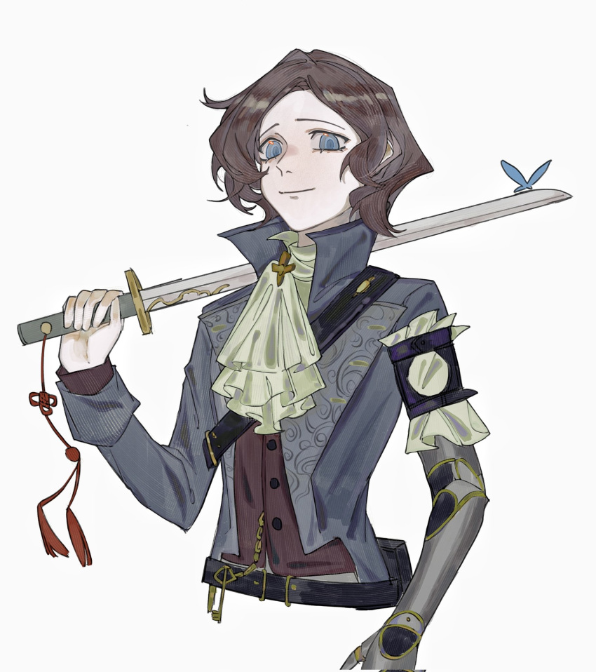 1boy, ascot, blue_butterfly, blue_coat, blue_eyes, brown_hair, bug, butterfly