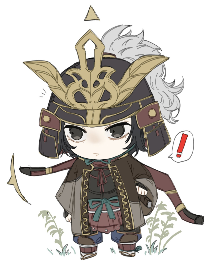 !, 1boy, armor, ashina_genichirou, black_eyes, black_hair, bow_(weapon), chibi