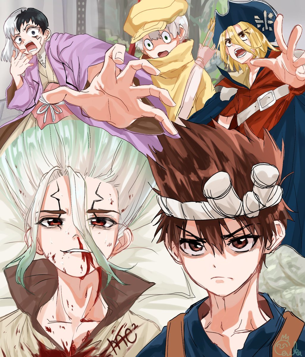 5boys, asagiri_gen, black_eyes, black_hair, blonde_hair, blood, blood_on_face, brown_eyes