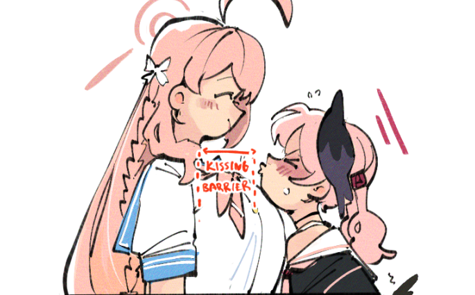 2girls, ahoge, arrow_(symbol), black_hair, black_shirt, blue_archive, blush, closed_mouth