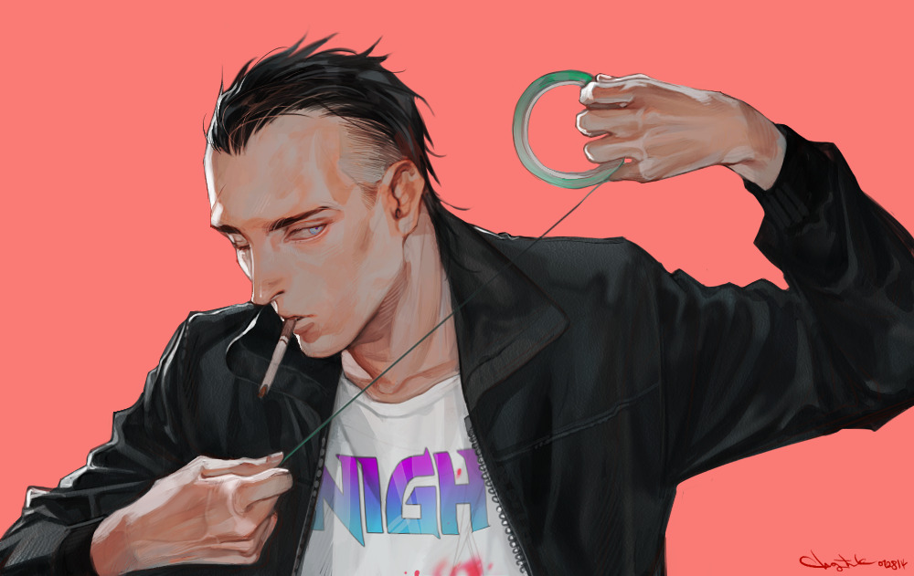 1boy, black_hair, black_jacket, blue_eyes, cigarette, ctkcave, english_text, holding_tape