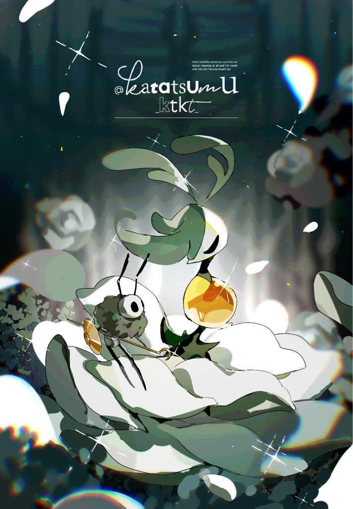 antennae, arthropod_boy, artist_name, black_eyes, blurry, blurry_background, closed_eyes, falling_petals