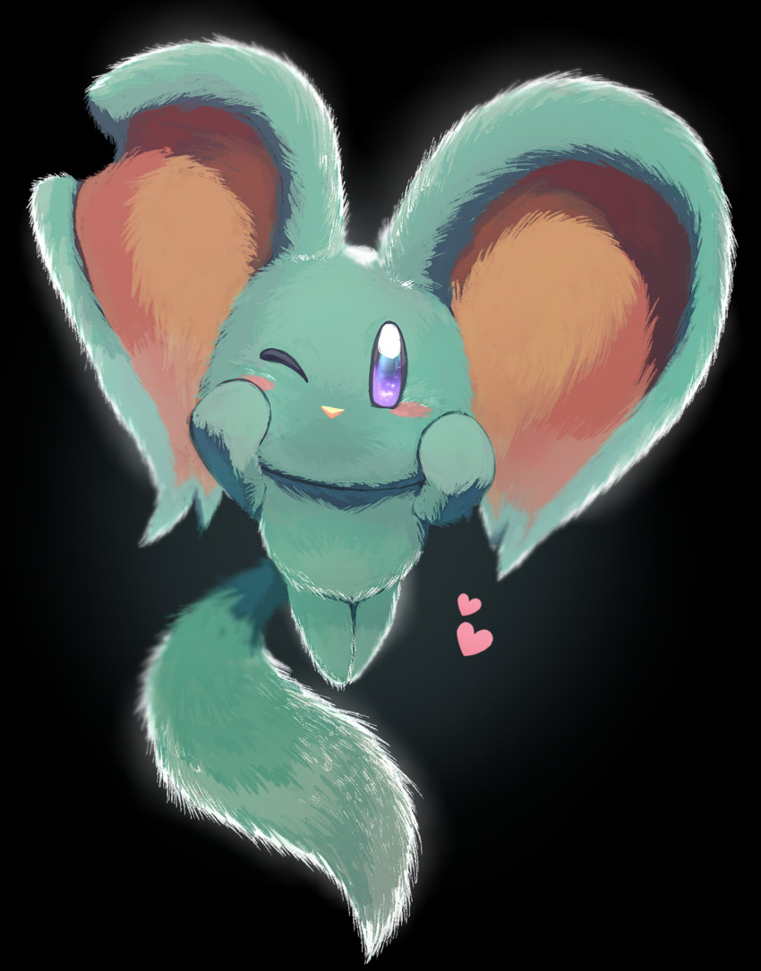 1boy, aqua_fur, blush, commentary_request, creature, creature_focus, elfilin, heart, highres, kirby_(series), kirby_and_the_forgotten_land, large_ears, no_humans, one_eye_closed, tail, violet_eyes, ypsw7328_(zakobennki)