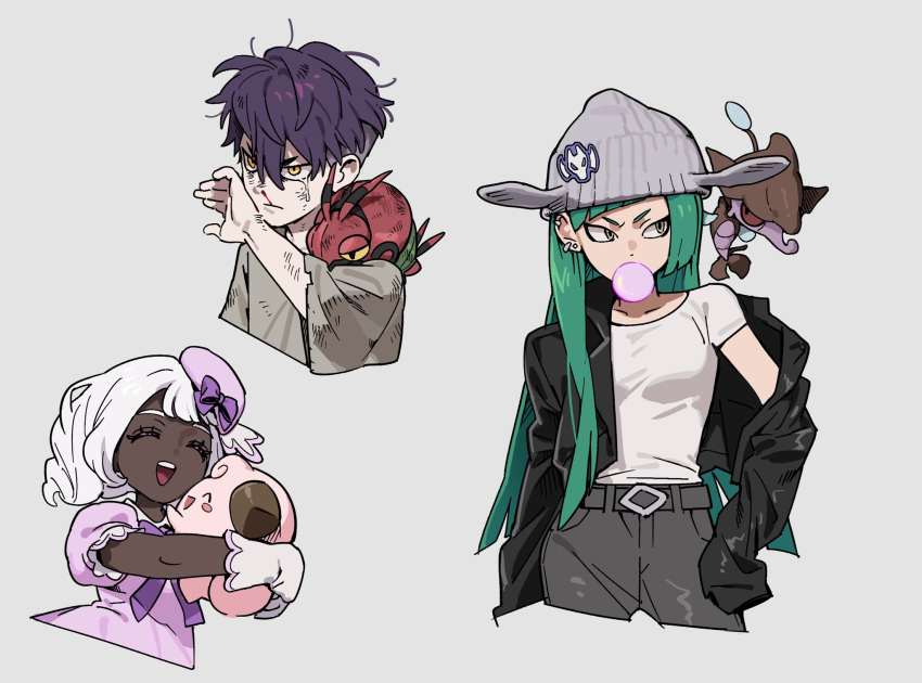 aged_down, angry, animal_on_shoulder, blood, blowing_bubble_gum, bow, chewing_gum, cleffa
