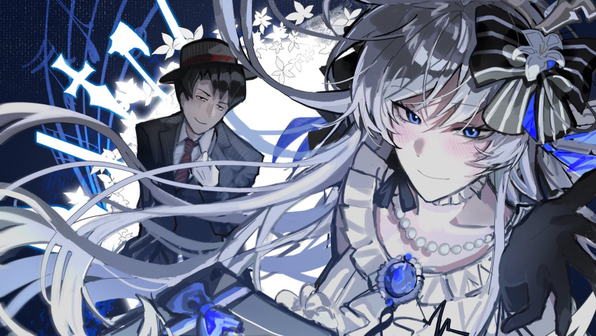 1boy, 1girl, angelica_(project_moon), axe, black_gloves, blue_eyes, blue_gemstone, brooch