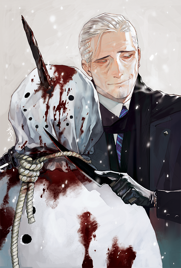 1boy, black_gloves, black_jacket, blood, blood_on_clothes, blue_eyes, blue_necktie, cigarette