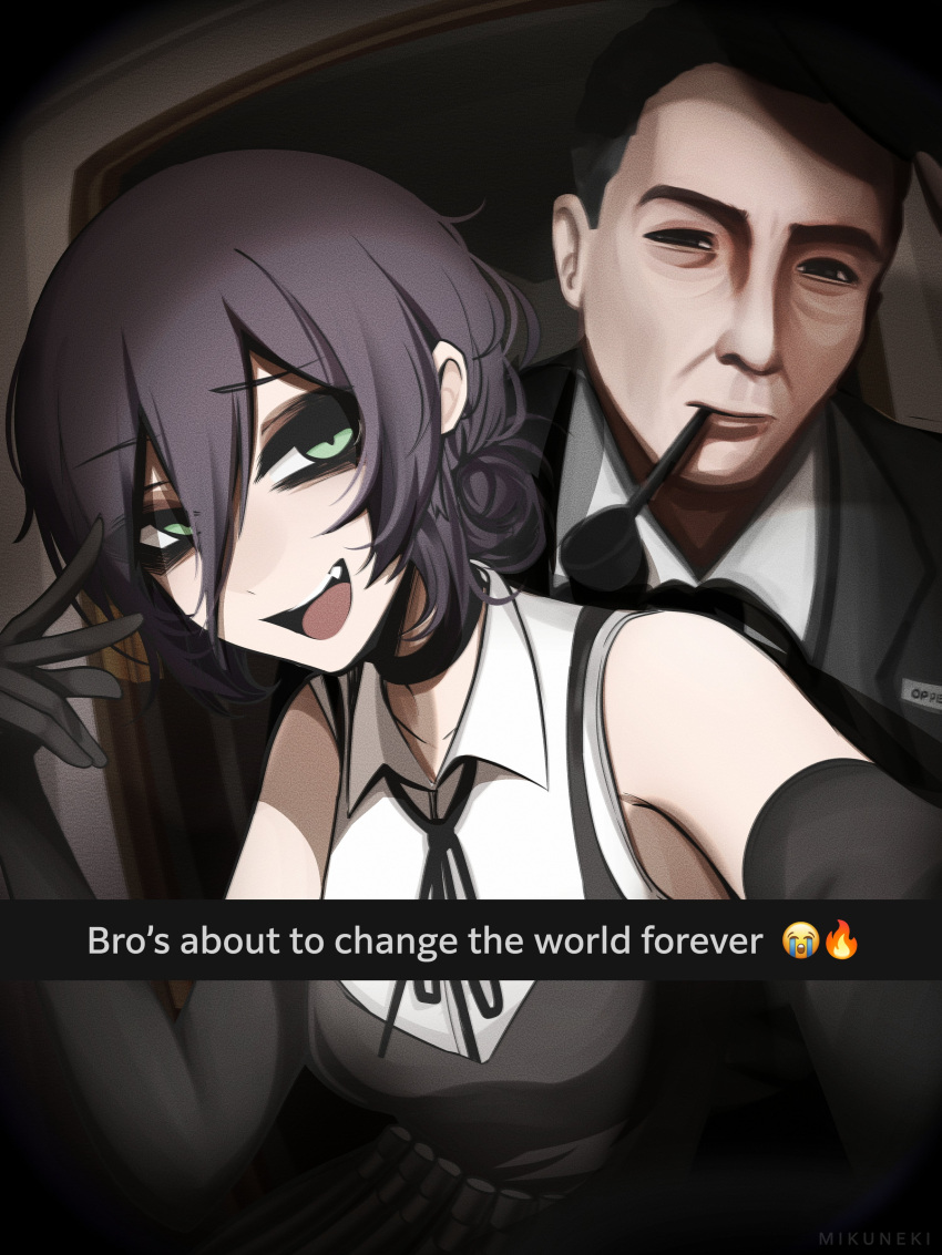 1boy, 1girl, absurdres, black_choker, black_gloves, black_hair, black_ribbon, breasts