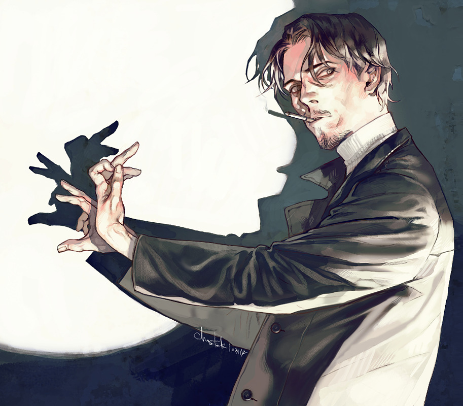1boy, black_background, black_eyes, black_hair, black_jacket, cigarette, ctkcave, facial_hair