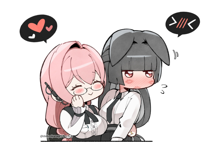 2girls, animal_ears, artist_name, black_hair, black_necktie, black_skirt, blunt_bangs, blush