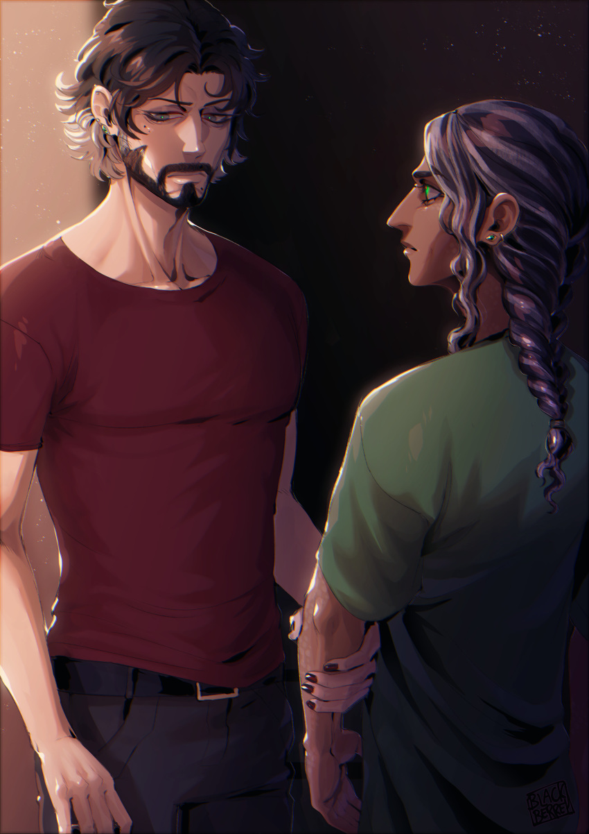 2boys, absurdres, aquiline_nose, bags_under_eyes, beard, black_hair, blackberreh-art, braid