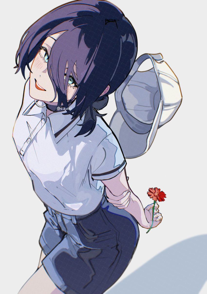 1girl, arms_behind_back, baseball_cap, black_choker, blue_eyes, blue_shorts, c_cutai, chainsaw_man