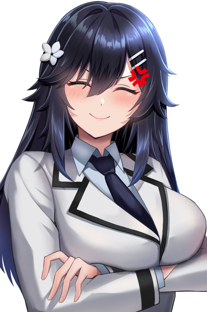 1girl, absurdres, annoyed, black_hair, black_necktie, blush, breasts, closed_eyes