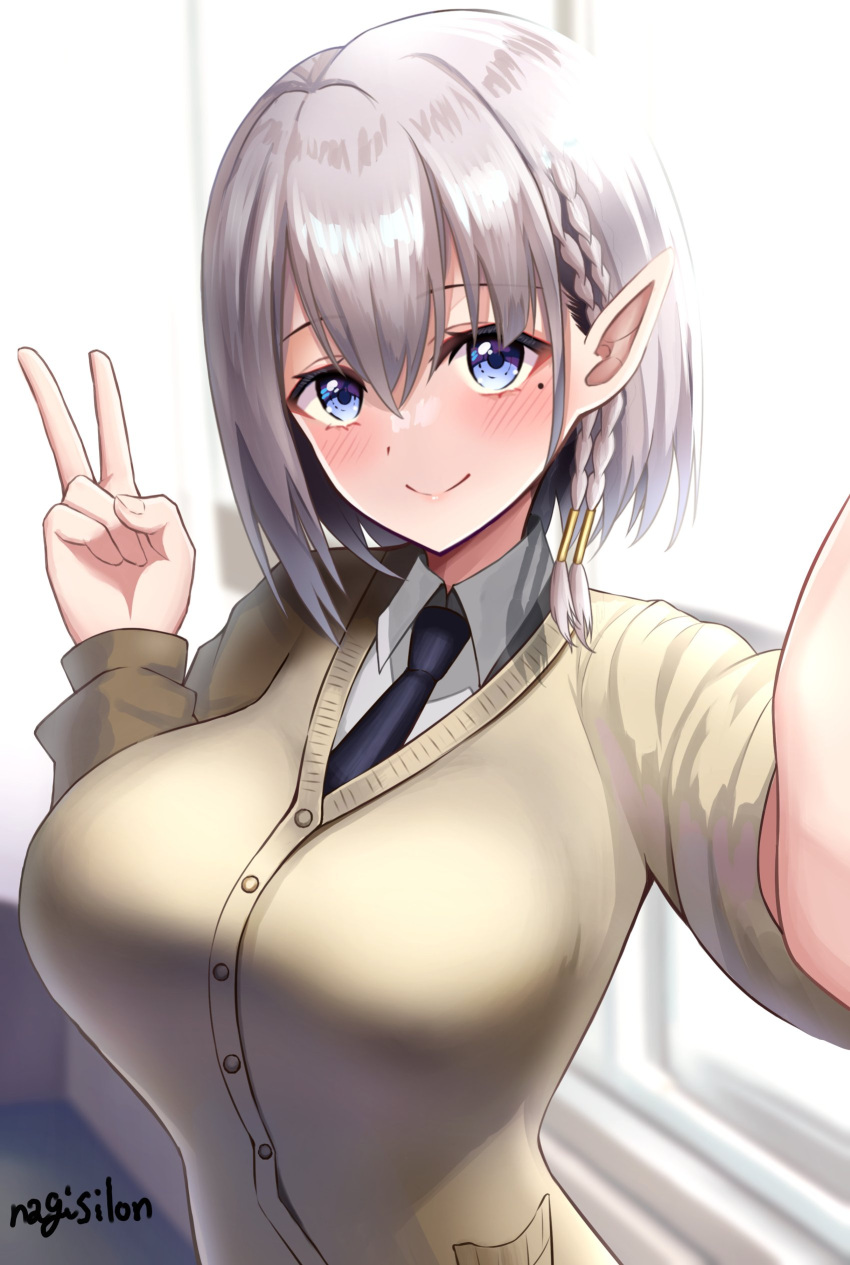 absurdres, beta_(kagejitsu), black_necktie, blue_eyes, blush, breasts, cardigan, elf