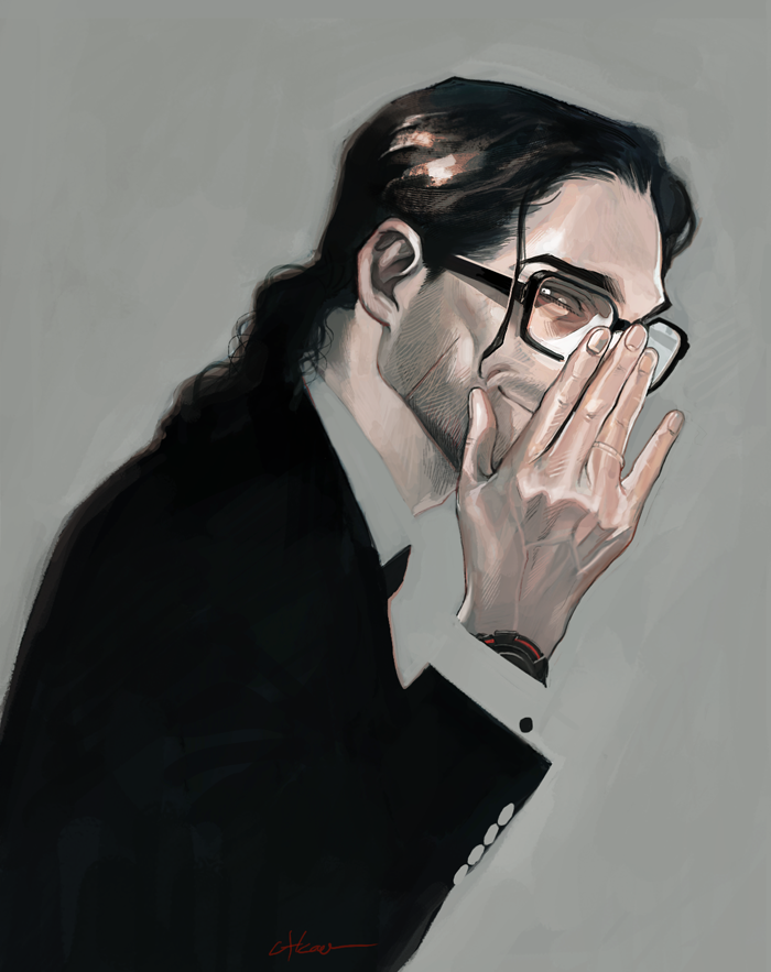 1boy, beard_stubble, black-framed_eyewear, black_hair, black_jacket, brown_eyes, collared_shirt, ctkcave