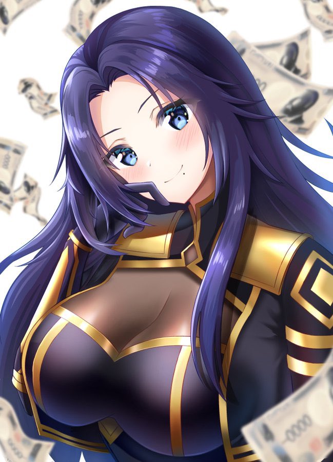 1girl, black_hair, blue_eyes, blush, breasts, falling_money, gamma_(kagejitsu), kage_no_jitsuryokusha_ni_naritakute!