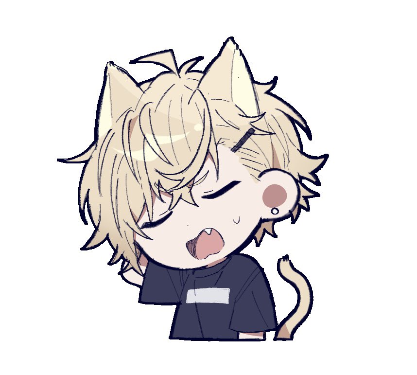 18trip, 1boy, animal_ears, arm_behind_head, arm_up, black_shirt, blonde_hair, cat_boy