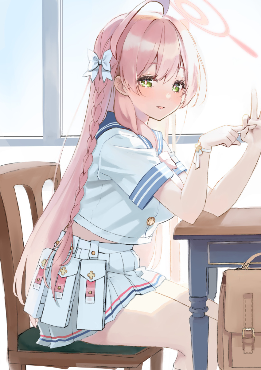 1girl, absurdres, ahoge, blue_archive, blue_sailor_collar, blush, bow, braid