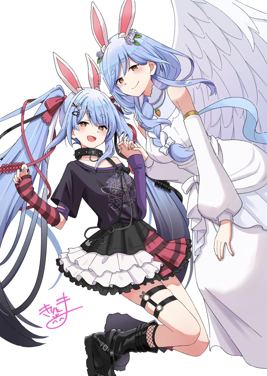 2girls, :d, absurdres, animal_ear_fluff, animal_ears, bare_shoulders, black_boots, black_nails