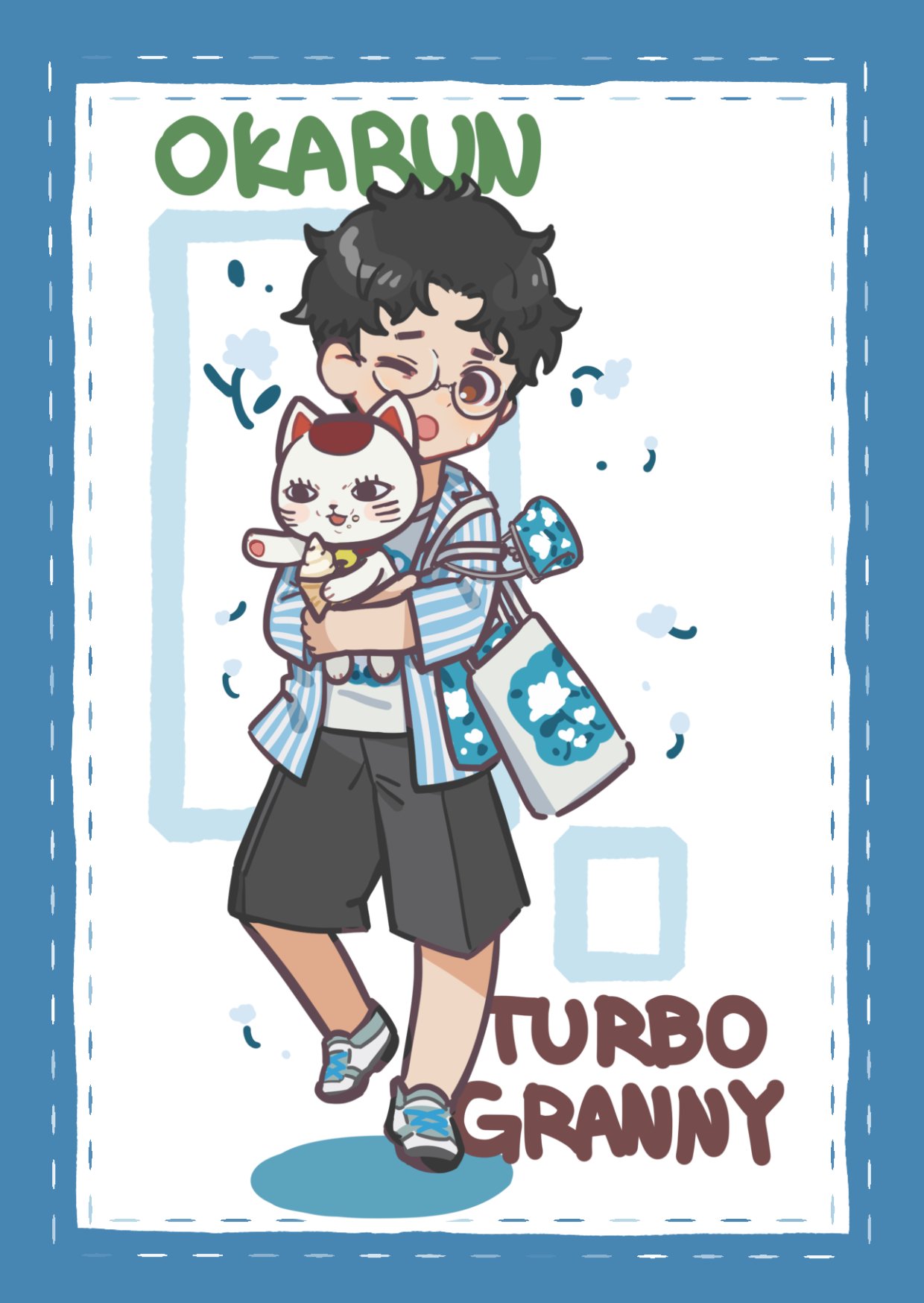1boy, animal, bag, black_hair, blue_border, border, brown_eyes, cat, character_name, dandadan, food, food_on_face, full_body, glasses, grey_shorts, highres, holding, holding_animal, holding_cat, holding_ice_cream_cone, ice_cream_cone, jeon10457441, male_focus, one_eye_closed, open_mouth, parted_bangs, print_shirt, round_eyewear, shirt, shirt_under_shirt, shoes, shopping_bag, short_hair, shorts, sneakers, striped_clothes, striped_shirt, sweatdrop, takakura_ken_(dandadan), turbo_granny_(dandadan), white_background, white_shoes