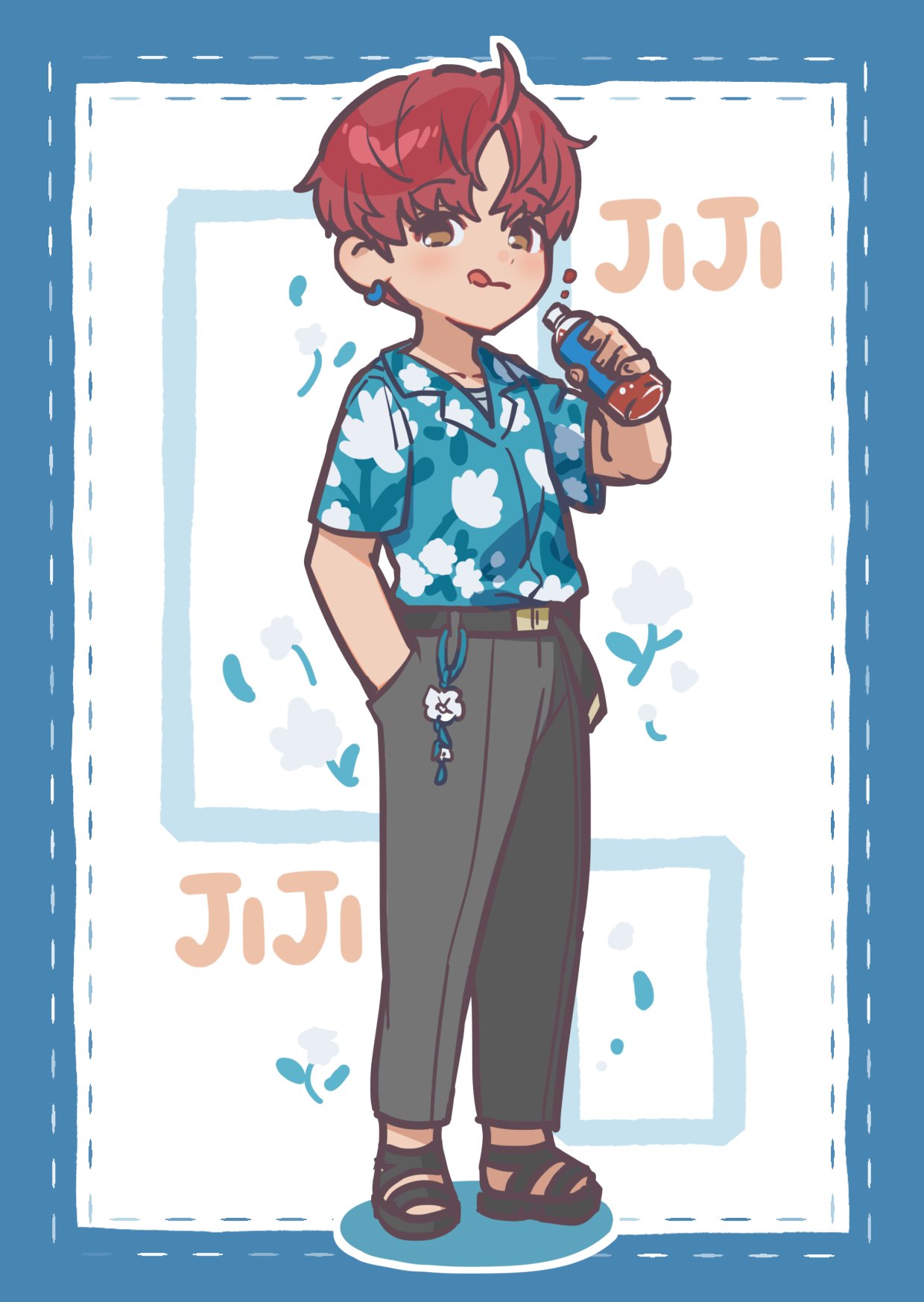 1boy, ahoge, belt, black_belt, black_sandals, blue_border, blue_shirt, blush