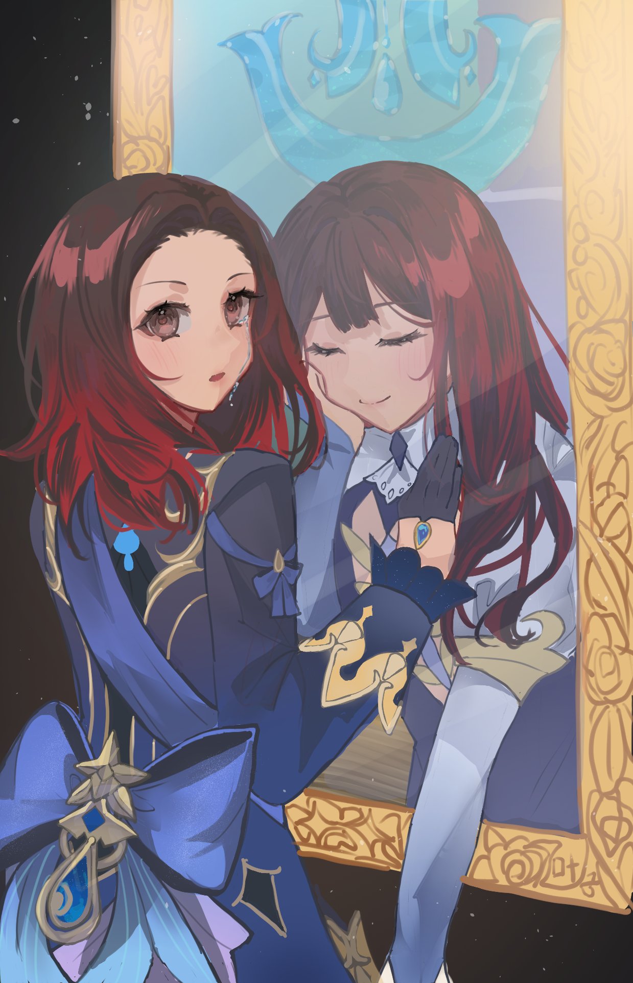 2girls, against_mirror, amber_lee_connors, animification, ascot, asymmetrical_gloves, back_bow, black_ascot, blue_ascot, blue_bow, blue_dress, blue_gemstone, blue_jacket, blush, bow, brown_eyes, brown_hair, closed_eyes, closed_mouth, commentary, cosplay, crying, dark_background, different_reflection, dress, dual_persona, english_commentary, focalors_(genshin_impact), focalors_(genshin_impact)_(cosplay), frilled_jacket, frilled_sleeves, frills, from_behind, furina_(genshin_impact), furina_(genshin_impact)_(cosplay), gem, genshin_impact, gloves, gradient_clothes, gradient_dress, gradient_hair, head_rest, highres, jacket, juliet_sleeves, kanako_(fuwachu), light_particles, long_sleeves, looking_at_viewer, medium_hair, multicolored_hair, multiple_girls, open_mouth, ouji_fashion, puffy_sleeves, real_life, red_hair, reflection, sad, simple_background, smile, streaming_tears, tears, through_medium, through_mirror, upper_body, voice_actor, voice_actor_connection