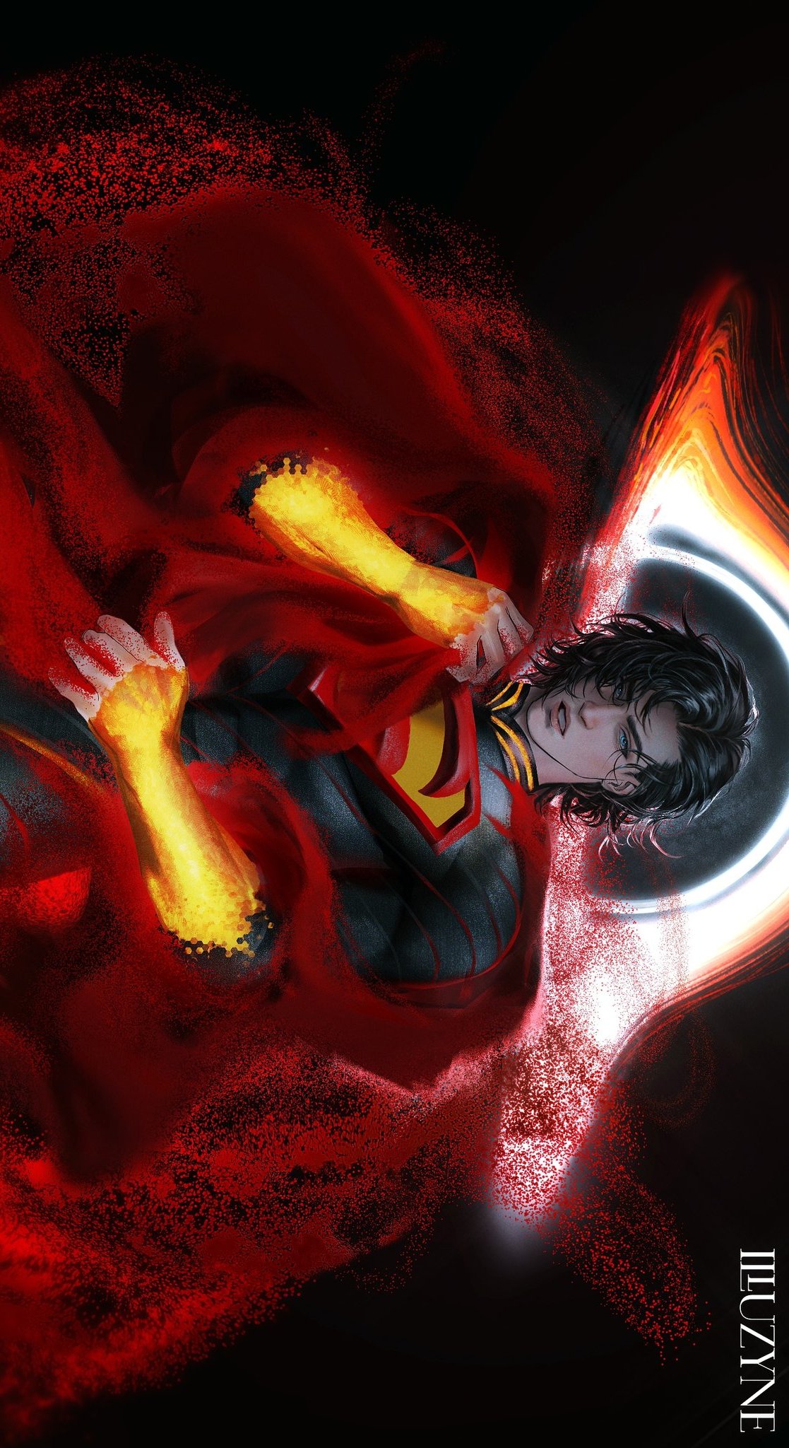 1boy, absolute_dc, absolute_superman, arm_up, artist_name, black_hair, black_hole, blue_bodysuit