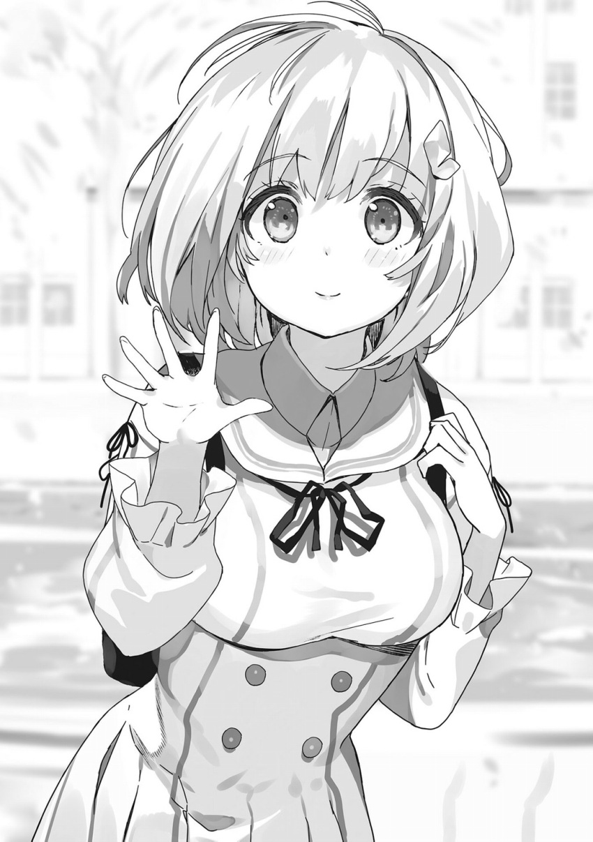 1girl, ahoge, blush, bob_cut, breasts, building, closed_mouth, collared_shirt