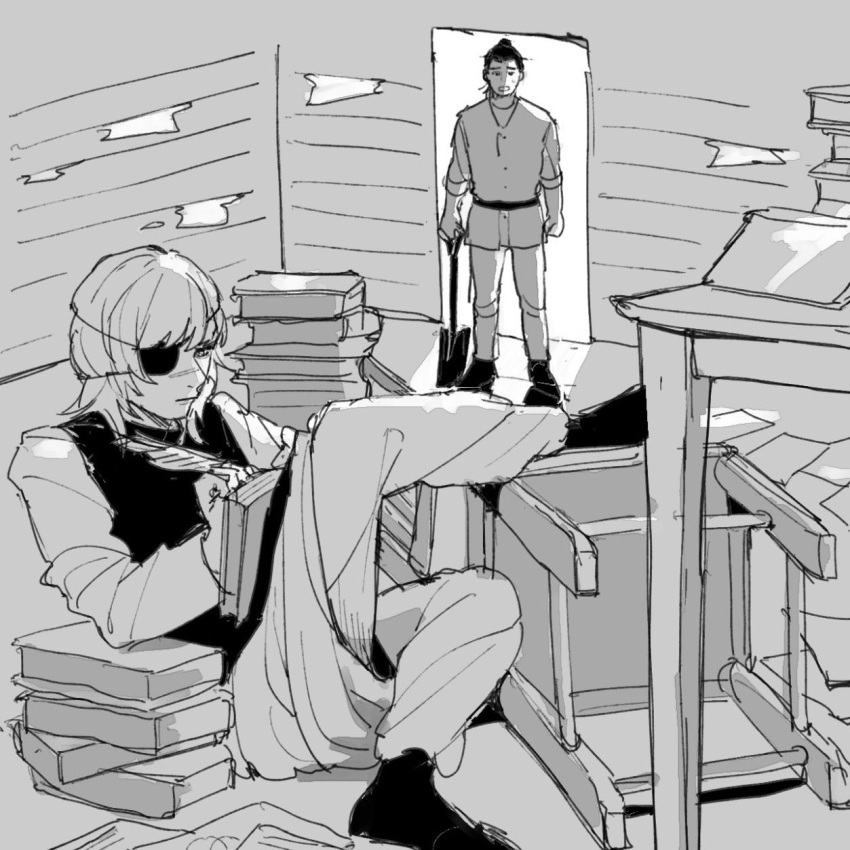 2boys, badeni, black_tunic, book, book_stack, chi.:_chikyuu_no_undou_ni_tsuite, eyepatch, greyscale, hair_bun, highres, holding, holding_book, holding_quill, holding_shovel, indoors, male_focus, mcybkw82, medium_hair, monochrome, multiple_boys, oczy, pants, quill, scar, scar_on_face, scar_on_nose, shirt, shovel, sitting, tunic, vest, white_pants, white_shirt, writing
