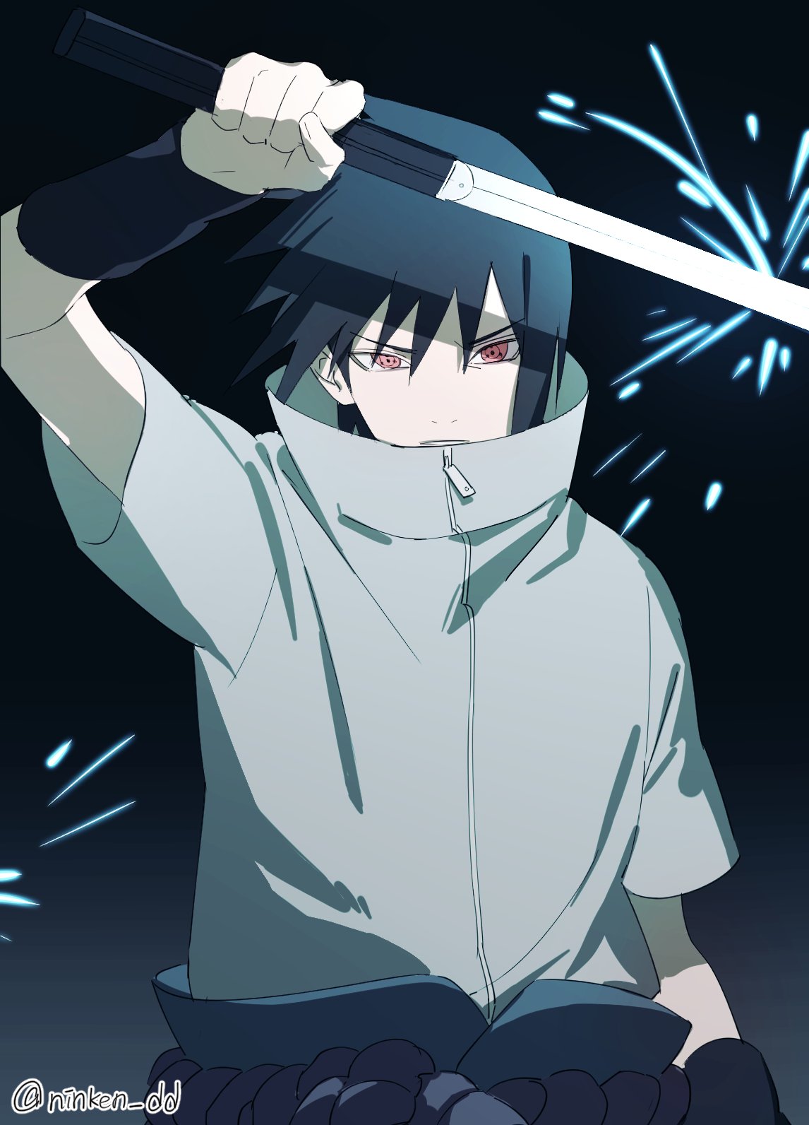 1boy, black_hair, highres, holding, holding_sword, holding_weapon, looking_at_viewer, male_focus