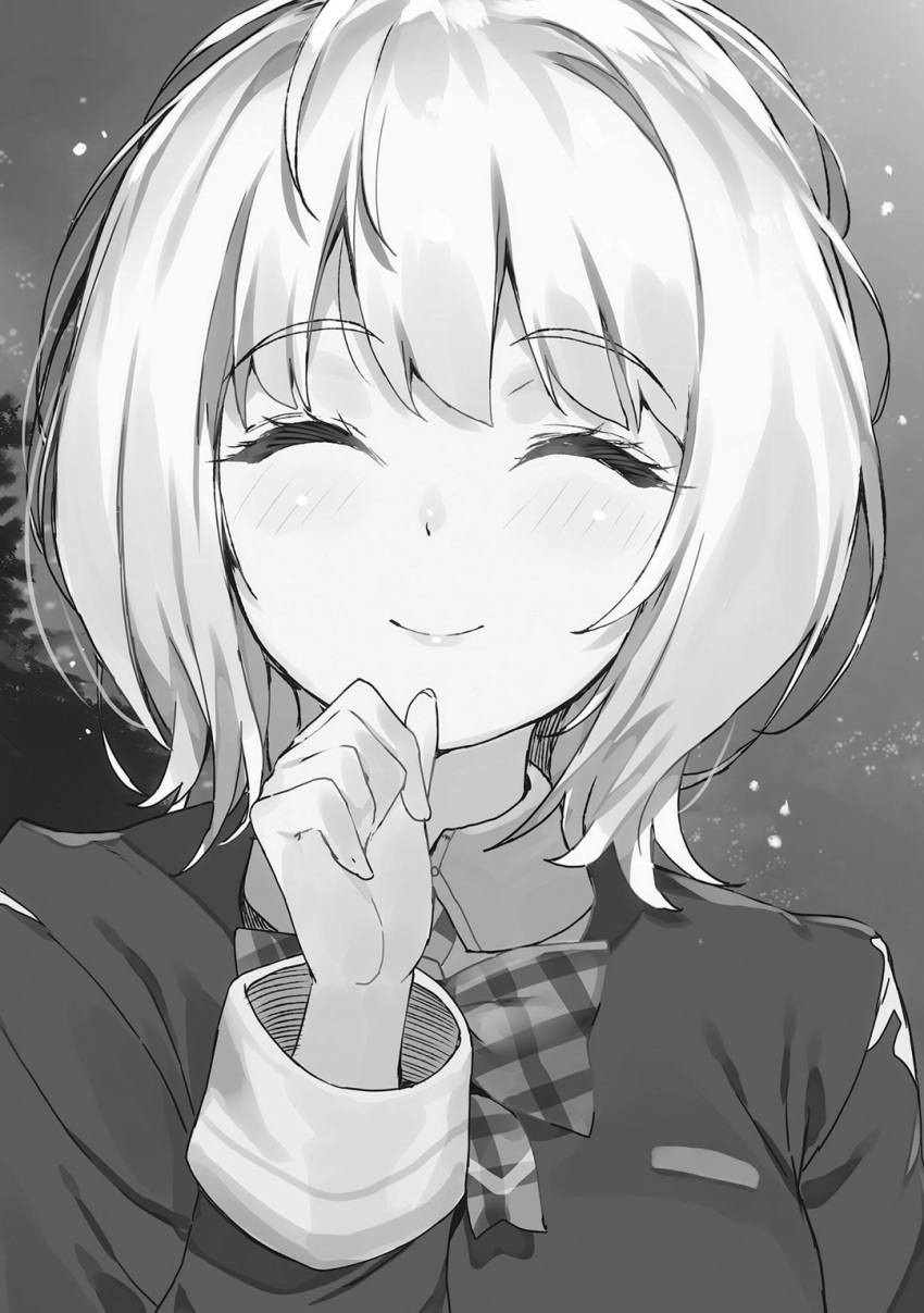 1girl, blush, bob_cut, bow, breasts, clenched_hands, closed_eyes, closed_mouth