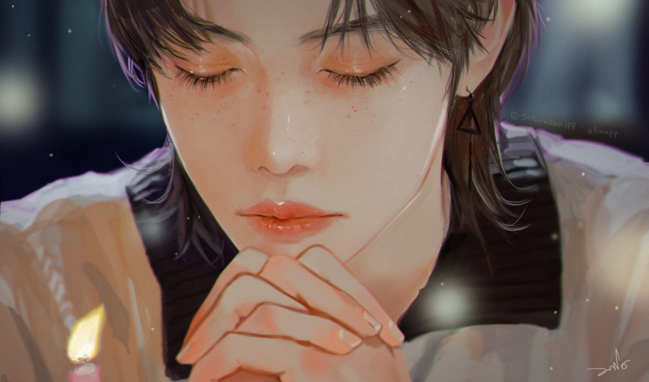 1boy, black_hair, blurry, blurry_background, candle, closed_eyes, earrings, eyelashes