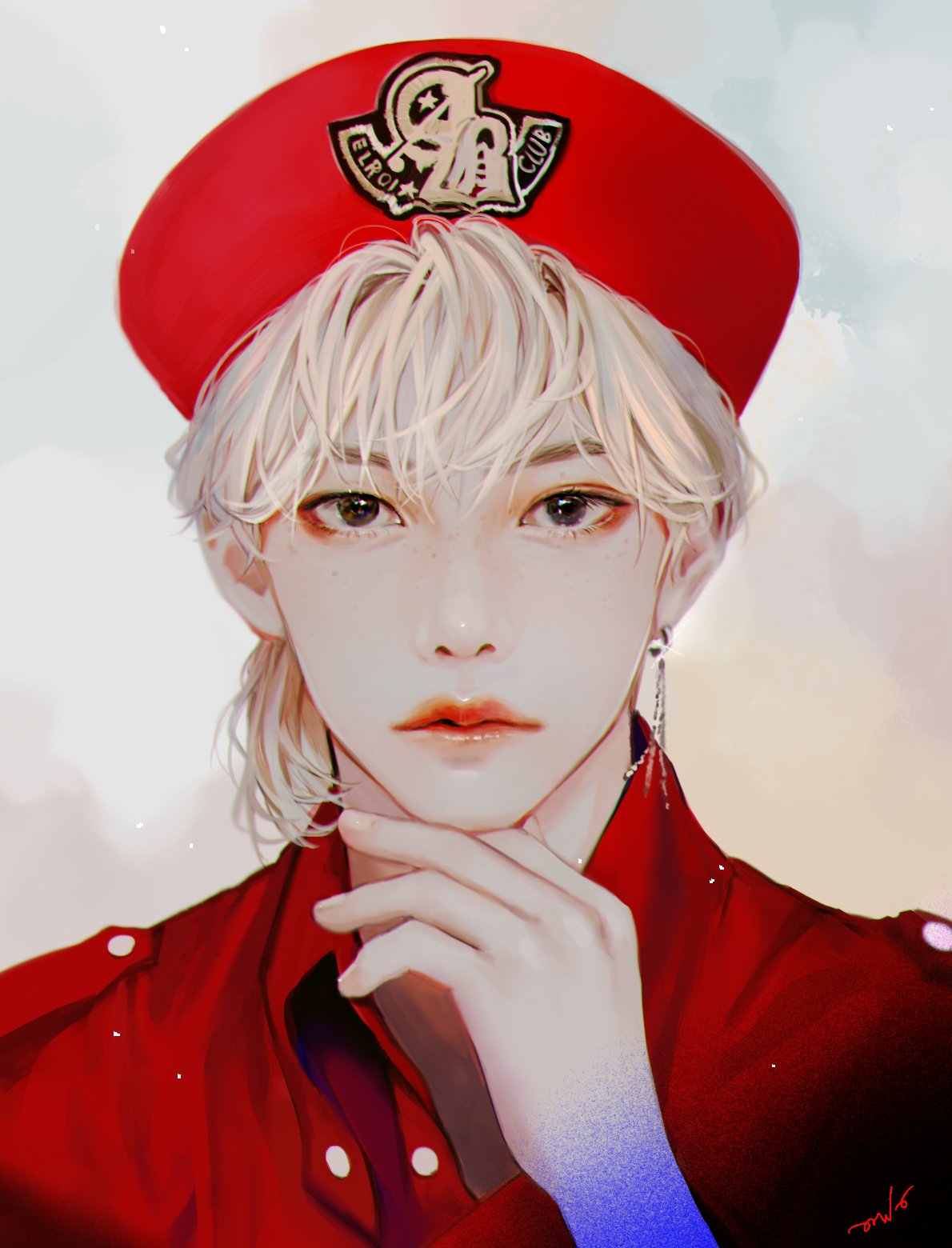 1boy, black_eyes, blonde_hair, earrings, felix_(stray_kids), hat, highres, jewelry