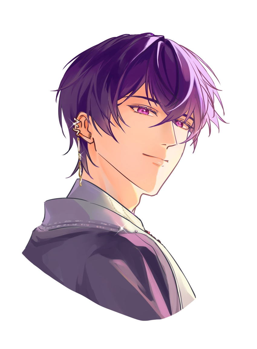1boy, closed_mouth, commentary, cropped_torso, ear_piercing, from_side, hair_between_eyes, highres, jacket, jingyu9z, looking_at_viewer, looking_to_the_side, male_focus, marius_von_hagen_(tears_of_themis), piercing, purple_hair, purple_jacket, simple_background, smile, solo, tears_of_themis, upper_body, violet_eyes, white_background