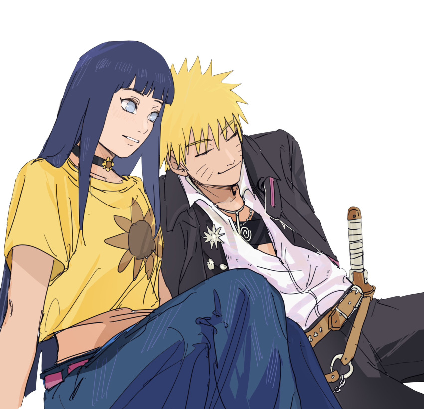 1boy, 1girl, belt, black_choker, black_hair, black_jacket, blonde_hair, blue_eyes, boruto:_two_blue_vortex, brown_belt, choker, closed_eyes, cosplay, crop_top, cropped_shirt, facial_mark, highres, hyuuga_hinata, jacket, naruto_(series), naruto_shippuuden, notane_n, pin, shirt, smile, t-shirt, uzumaki_boruto, uzumaki_boruto_(cosplay), uzumaki_himawari, uzumaki_himawari_(cosplay), uzumaki_naruto, whisker_markings