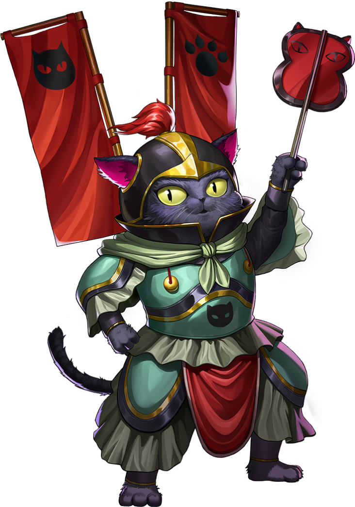1boy, armor, artist_request, banner, battle_standard, black_cat, black_eyes, cat, cat_boy, cat_tail, colored_sclera, demon_(megami_tensei), gunbai, holding, neko_shogun_(megami_tensei), nobori, official_art, persona, persona_5, persona_5:_the_phantom_x, shin_megami_tensei, slit_pupils, solo, tail, third-party_source, transparent_background, war_banner, war_fan, yellow_sclera