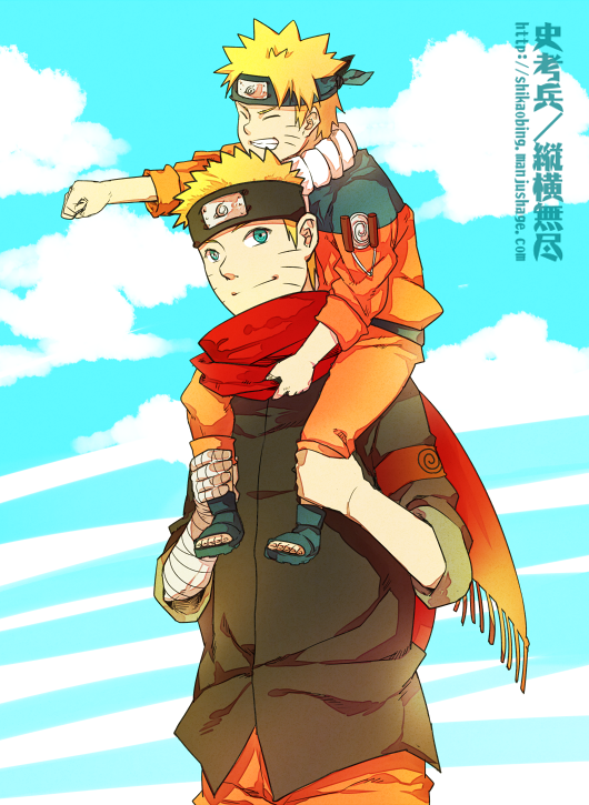 2boys, bandaged_arm, bandages, black_headband, black_jacket, blonde_hair, blue_eyes, carrying
