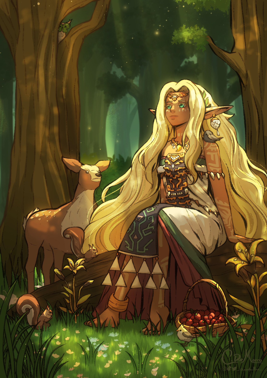 1girl, animal_on_shoulder, barefoot, basket, bird, bird_on_shoulder, blonde_hair, body_markings