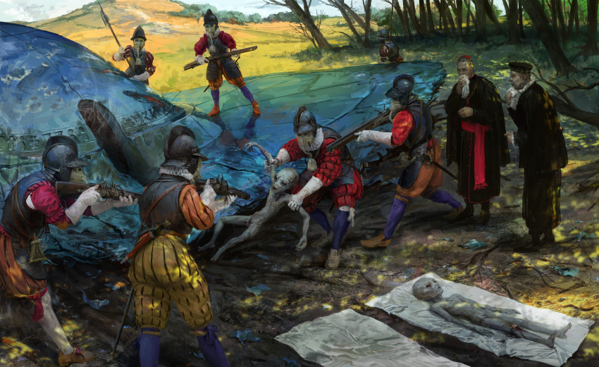 absurdres, alien, anachronism, armor, black_hat, boots, cape, cardinal