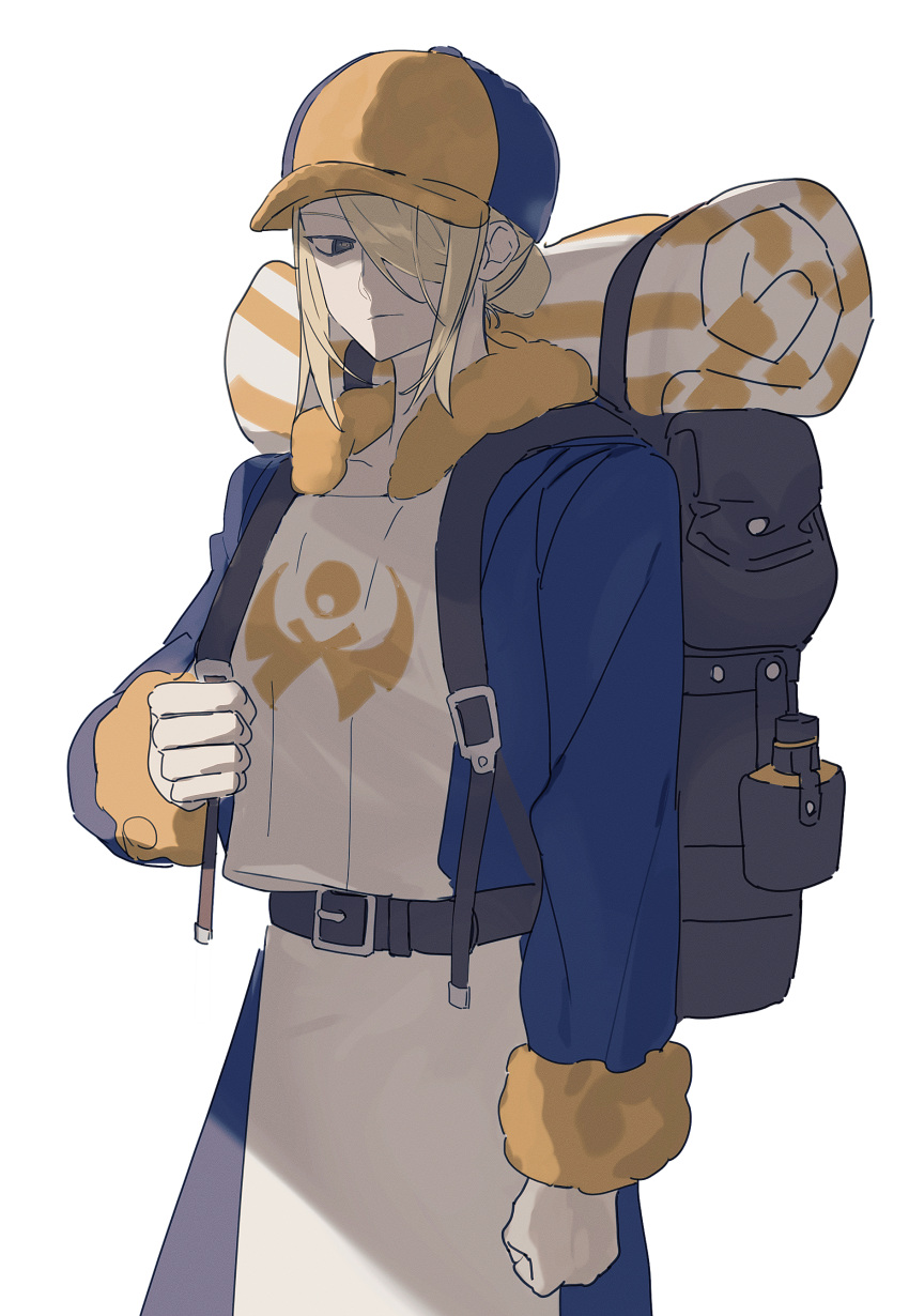 1boy, absurdres, backpack, bag, belt, black_eyes, blonde_hair, ccf2q, closed_mouth, ginkgo_guild_uniform, hair_over_one_eye, hat, highres, jumpsuit, long_sleeves, looking_at_viewer, male_focus, pokemon, pokemon_legends:_arceus, simple_background, solo, volo_(pokemon), white_background