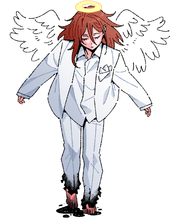 1boy, angel, angel_devil_(chainsaw_man), angel_wings, barefoot, black_liquid, brown_hair, chainsaw_man, closed_eyes, constantine_(series), feathered_wings, halo, jacket, kkangmuu, lucifer_(constantine), pants, scene_reference, shirt, simple_background, solo, stained_clothes, suit_jacket, traditional_halo, white_background, white_jacket, white_pants, white_shirt, white_wings, wings