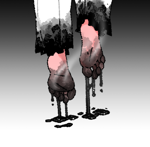 1boy, angel_devil_(chainsaw_man), barefoot, black_liquid, chainsaw_man, constantine_(series), feet, floating, foot_focus, gradient_background, kkangmuu, lucifer_(constantine), scene_reference, soles, solo, stained_clothes