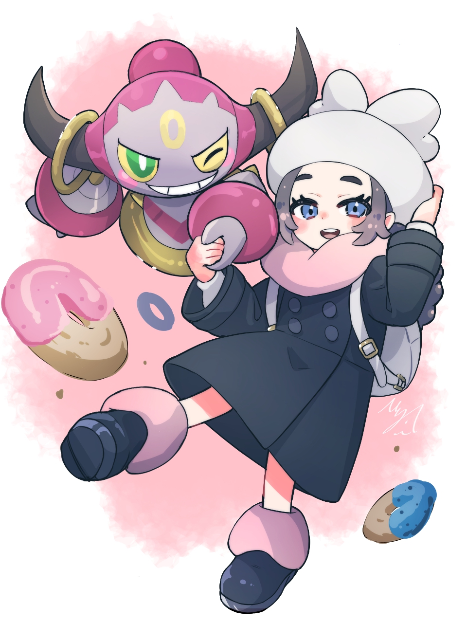 1girl, ansha_(pokemon), bag, black_coat, black_hair, blue_eyes, blush, braid