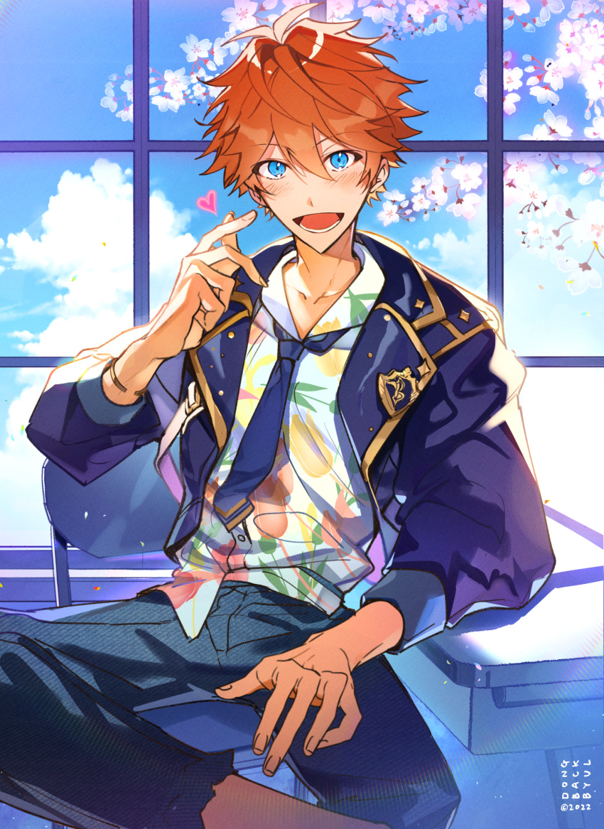 1boy, akehoshi_subaru, blue_eyes, blue_jacket, blue_necktie, blue_sky, chair, commentary